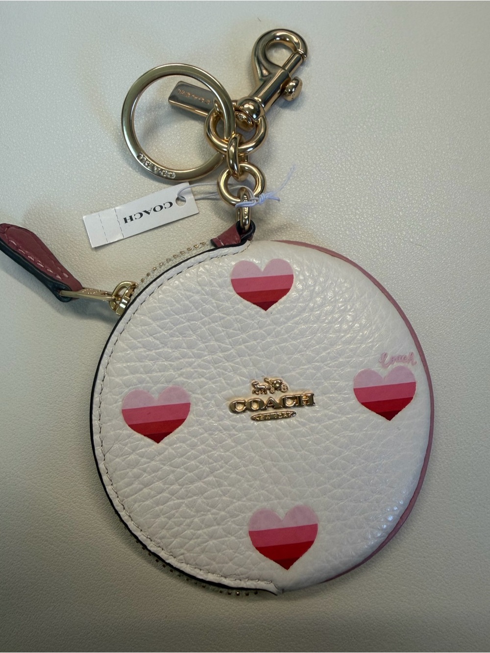 💗NWT COACH Circular Coin Pouch Bag Charm Heart Print Chalk Pink Multi💗